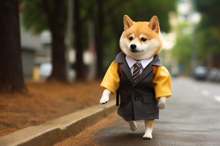 Shiba goes to school in a school uniform and with a backpack. Shiba in autumn. Shiba came to college. Generative AIの素材
