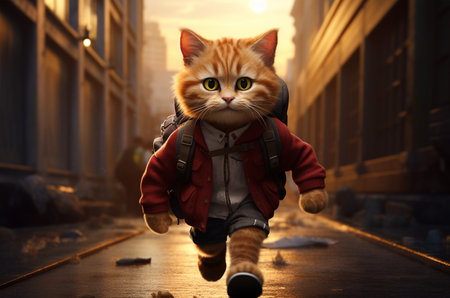 A cat with a backpack runs to school. schoolboy cat. Generative AIの素材