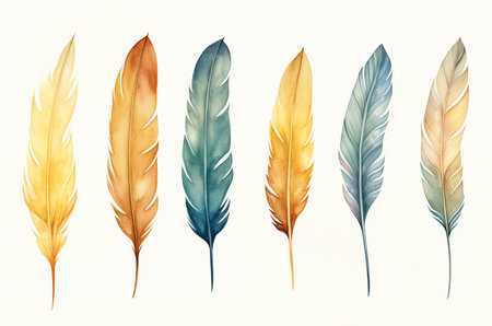 Watercolor bird feathers. Colored boho feathersの素材