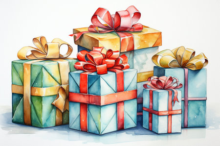 watercolor gifts. Mountain of Christmas presentsの素材