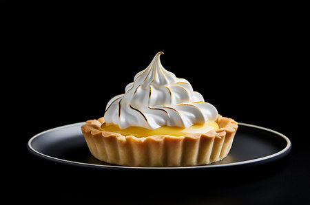 Lemon tart with meringue on black backgroundの素材