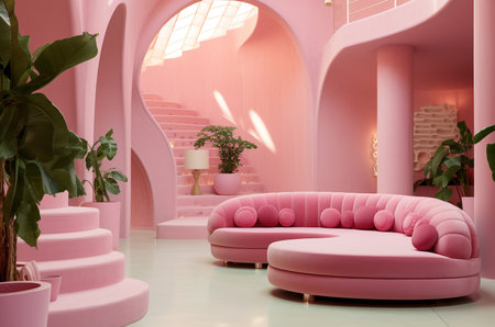 Pink interior. Doll house. Glamor house, pink interior design. barbiecore house, pink interior design. Generative AIの素材