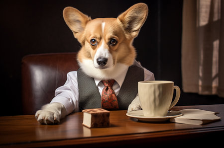 Businessman dog in the office with a cup of coffee. Generative AIの素材
