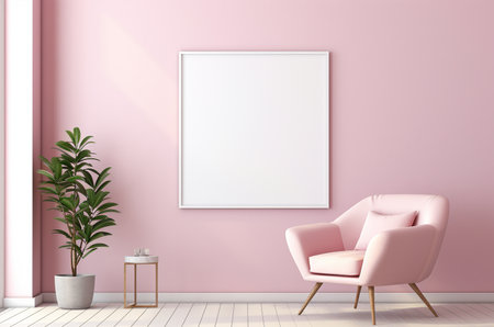 3d barbiecore minimalistic interior with mockup painting on the wall. Generative AIの素材