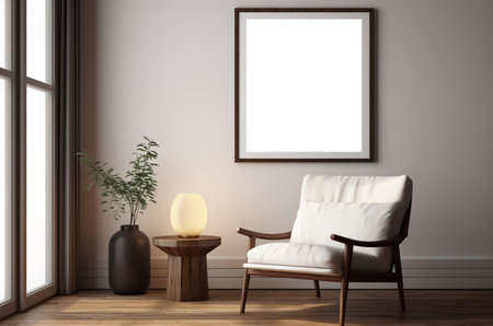3d minimalistic interior with mockup painting on the wall. Armchair with lamp. Generative AIの素材