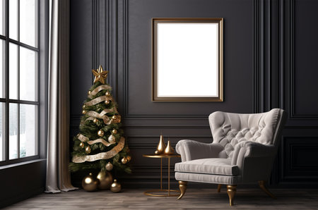 3d christmas minimalistic interior with mockup paintings on the wall, decorated christmas tree. Generative AIの素材