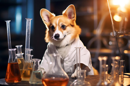 Corgi in the laboratory. Corgi in a robe. Corgi scientist. Generative AIの素材