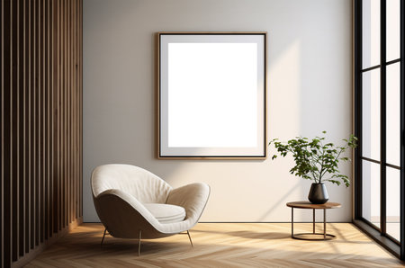3d minimalistic interior with mockup painting on the wall. Armchair with lamp. Sunlight. Generative AIの素材