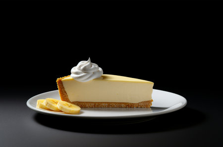 Slice of banana pie on black background. Generative AIの素材