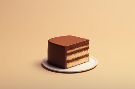 Piece of three chocolate cake. Minimalistic piece of chocolate cake on beige background. Generative AIの素材