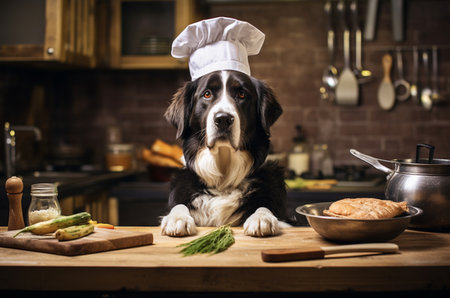 The dog cook is preparing dinner. Chef dog. Generative AIの素材