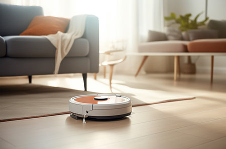 A robot vacuum cleaner cleans a sunny, bright apartment. Generative AIの素材