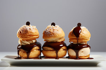 Minimalistic profiteroles with chocolate. Generative AIの素材
