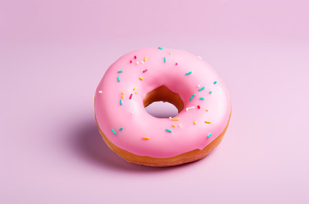 Side view of a pink donut with icing on a pink background. Barbicore. Generative AIの素材