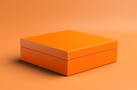 Orange box mockup. Box with lid view from angle on orange background. Generative AIの素材