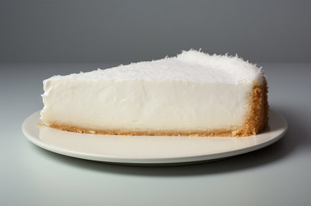 A piece of coconut cheesecake on a white plate. Coconut Pie side view. Generative AIの素材
