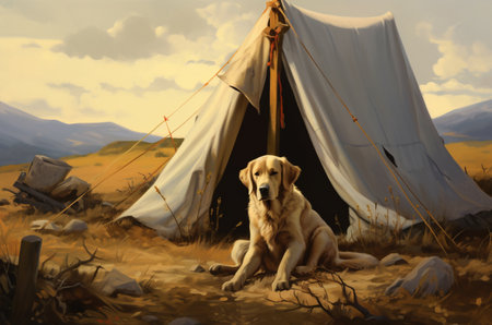 Art Mongrel dog in a tent on a hike. Generative AIの素材