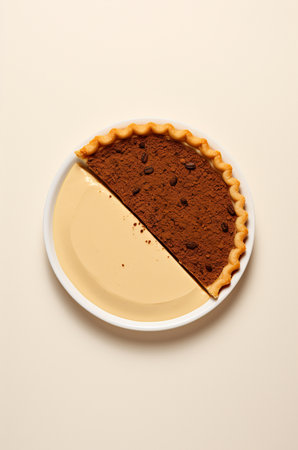 Coffee cheesecake top view. Two different halves of the tart. Generative AIの素材