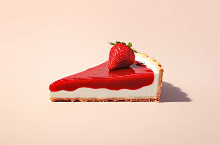 A piece of strawberry cheesecake with a jelly layer on a pink background. Barbicoreの素材
