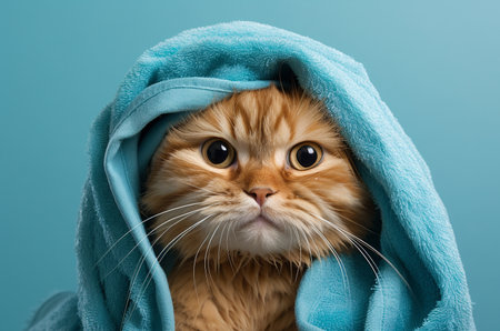 Red cat in a towel after a showerの素材