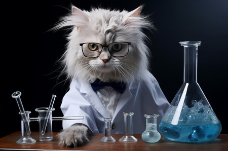 Crazy cat scientist in a white coat with chemical test tubesの素材