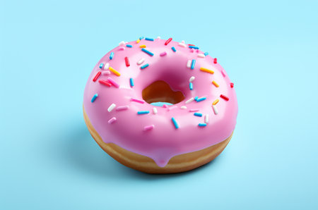 Pink donut with glaze on blue backgroundの素材