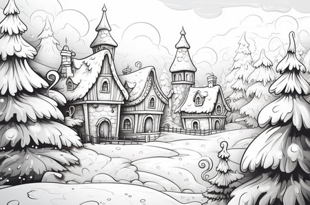 Christmas coloring book for children. Doodle houses and Christmas treesの素材