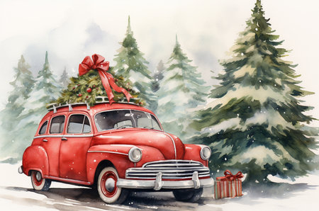 Watercolor red retro car with a Christmas tree on the roof. Christmas cardの素材