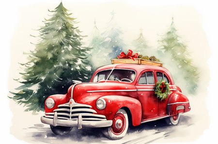 Watercolor red retro car with Christmas tree branches on the roof. Christmas cardの素材