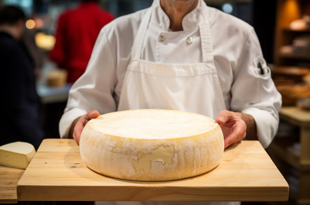 Dairy production. Cheesemaker. Man holding a circle of cheeseの素材