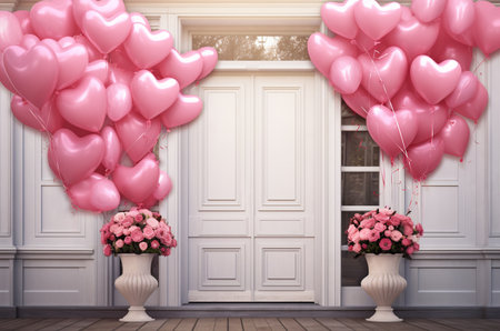 Pink heart balloons coming out of the door. Barbiecore houseの素材