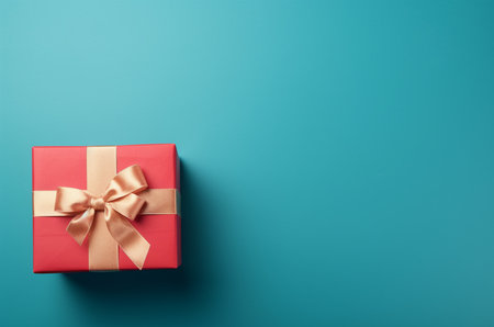 Top view of birthday red gift with ribbon with copy space for holiday or Christmas presentの素材