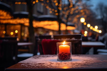 Winter veranda of the restaurant. Table with candlesの素材