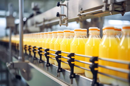 Orange juice production. Line with bottles at the factory. Plastic productionの素材