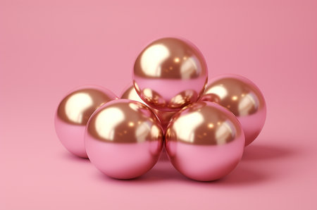 Gold mirror Christmas balls on a pink background. Barbiecoreの素材