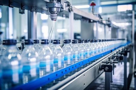 Water production. Bottles of water in a factoryの素材