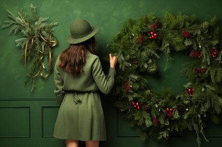 Girl florist makes a Christmas wreath with rowanの素材