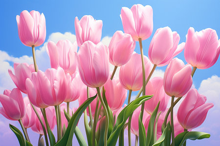 Pink tulips on the street. Barbicore. Mother's Day card. Postcard for March 8.の素材