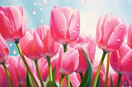 Pink tulips with dew at dawn. Mother's day cardの素材