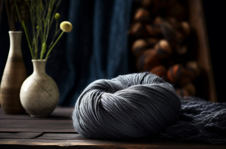 Gray yarn. Knitting. A ball of thread. Hobbyの素材