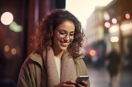 A curly-haired girl with glasses is texting someone. Online communication. Valentine's Day. Walk in the summer evening. Shoppingの素材