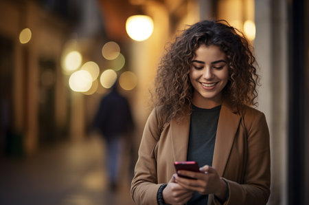 A curly-haired girl is texting someone. Online communication. Valentine's Day. Walk in the summer evening. Shoppingの素材