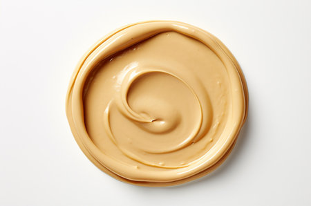 Glass jar of peanut butter top view. Nut butter. American breakfastの素材