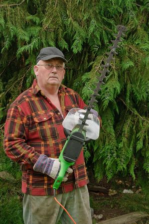 senior male cutting back tree branches in garden with chainsawの写真素材