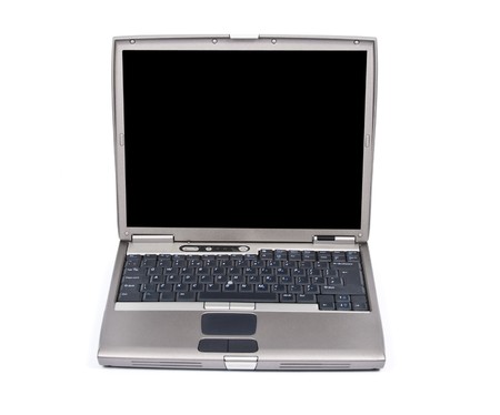 silver grey laptop lcd on white backdropの写真素材