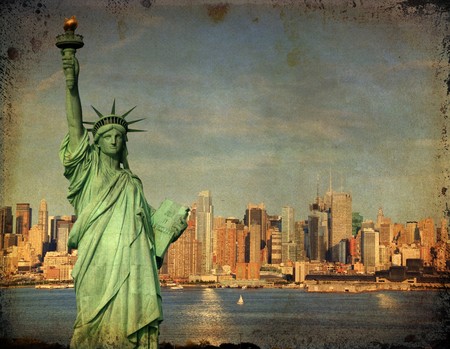 grunge new york city tourism concept with statue libertyの写真素材