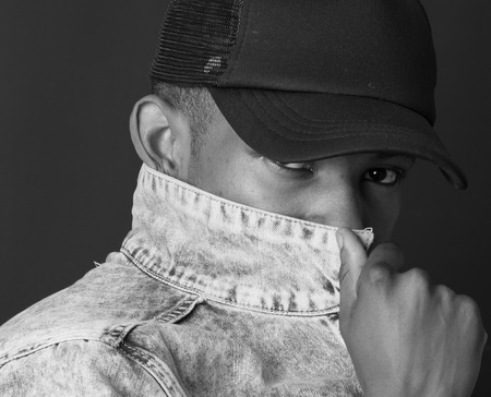 Portrait of hip hop African American dancer isolated backgroundの写真素材