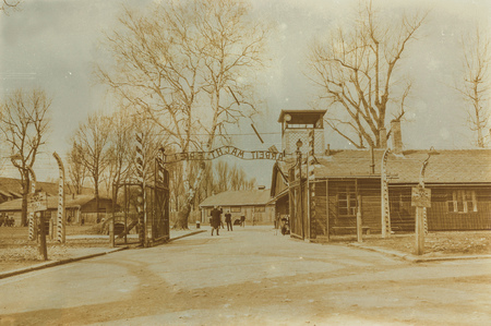 Aged sepia digital grunge distressed effect auschwitzのeditorial素材