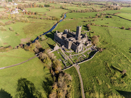 World famous irish public free tourist landmark, quin abbey, county clare, ireland. aerial landscape view of this beautiful ancient celtic historical architecture in county clare ireland.のeditorial素材