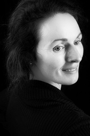 black and white close-up portrait picture of an irish womans faceの写真素材